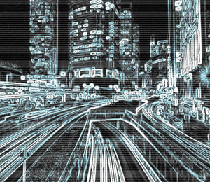 futuristic image of a wireframe city street